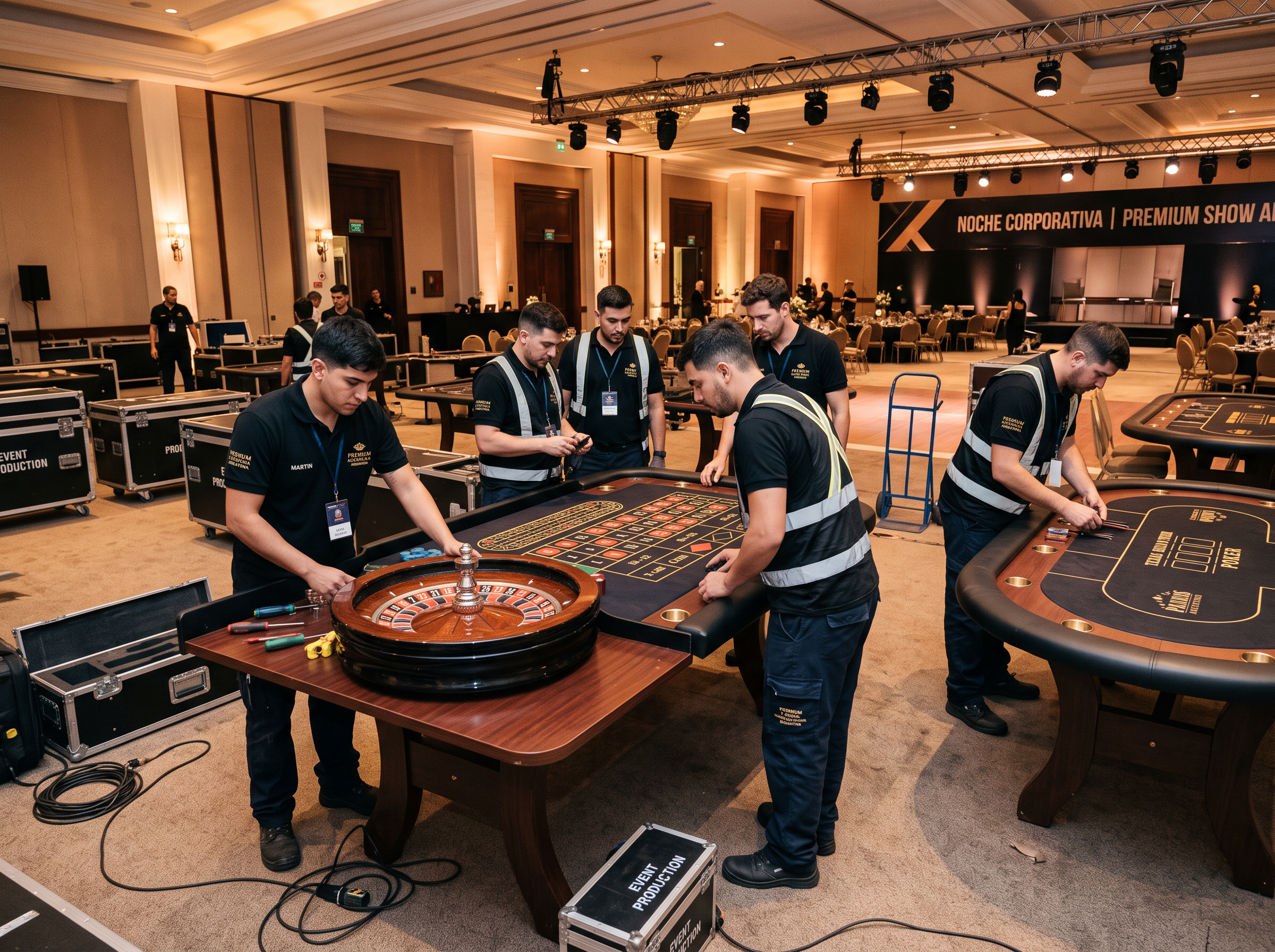 Equipo profesional de Play Event Calendar montando show de entretenimiento