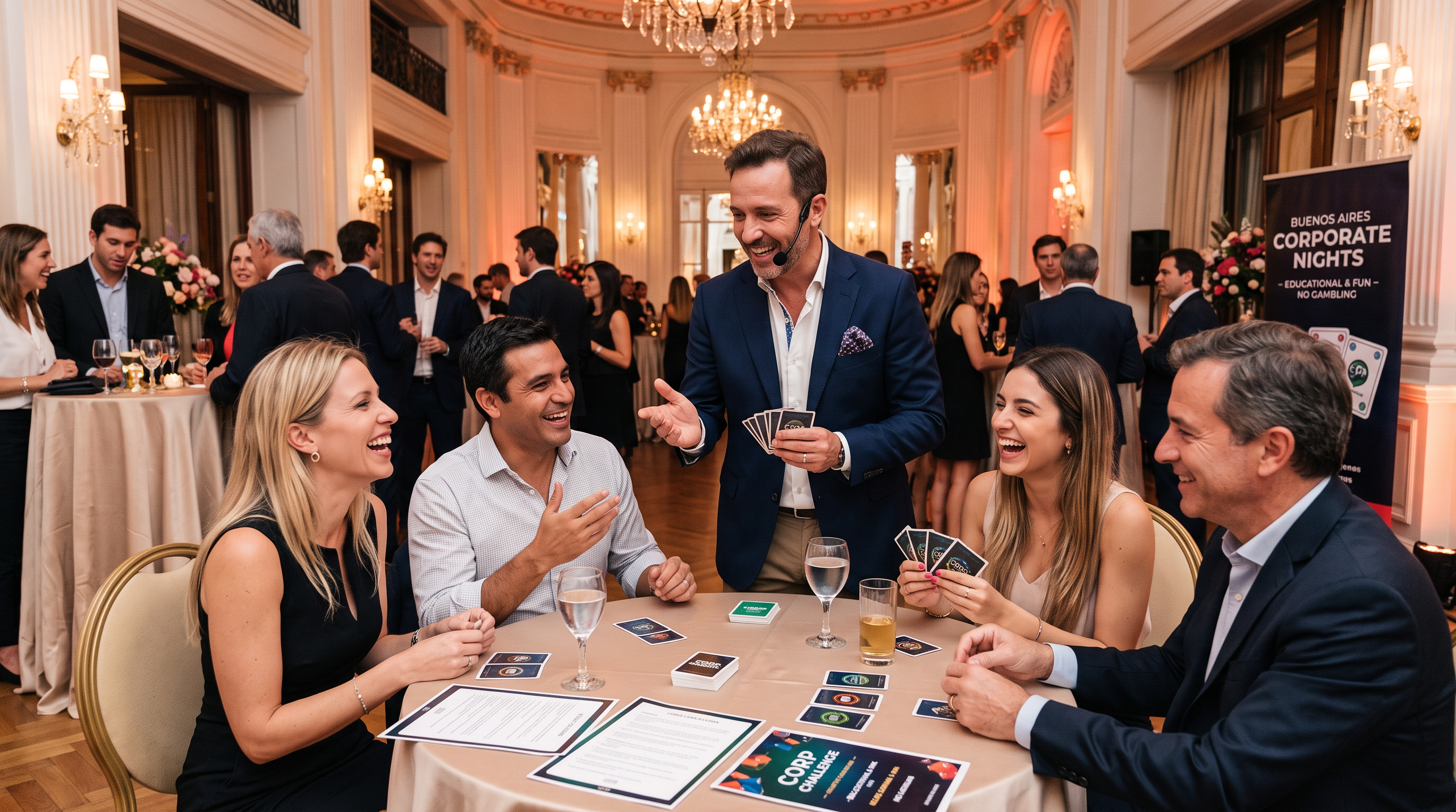 Animador profesional conduciendo show de entretenimiento temático para invitados corporativos